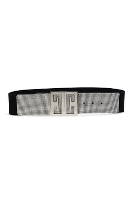 Womens Plus Size Rhinestone Detail Geo Buckle Stretch Belt, Silver