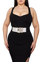 Womens Plus Size Rhinestone Detail Geo Buckle Stretch Belt, Silver