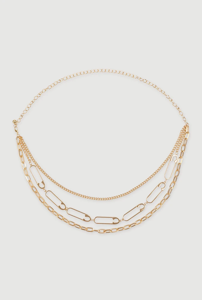 Womens Layered Assorted Chain Belt, Gold, Size M-L
