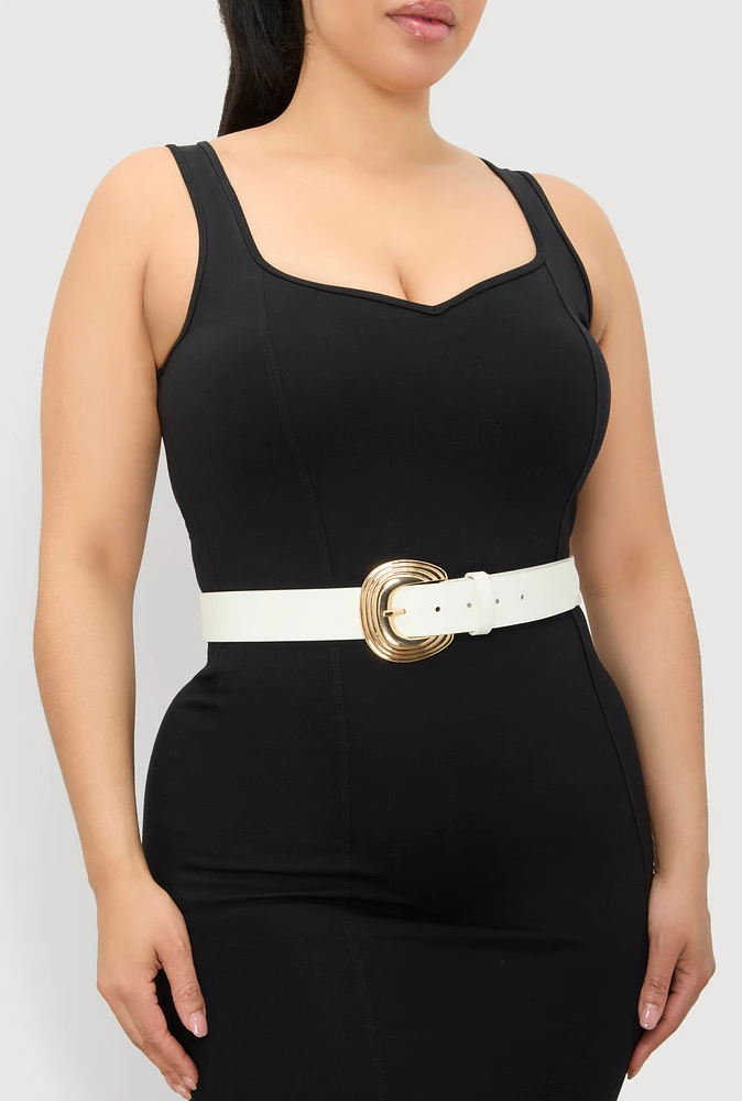 Womens Plus Size Metallic Buckle Faux Leather Belt, White, Size 3X