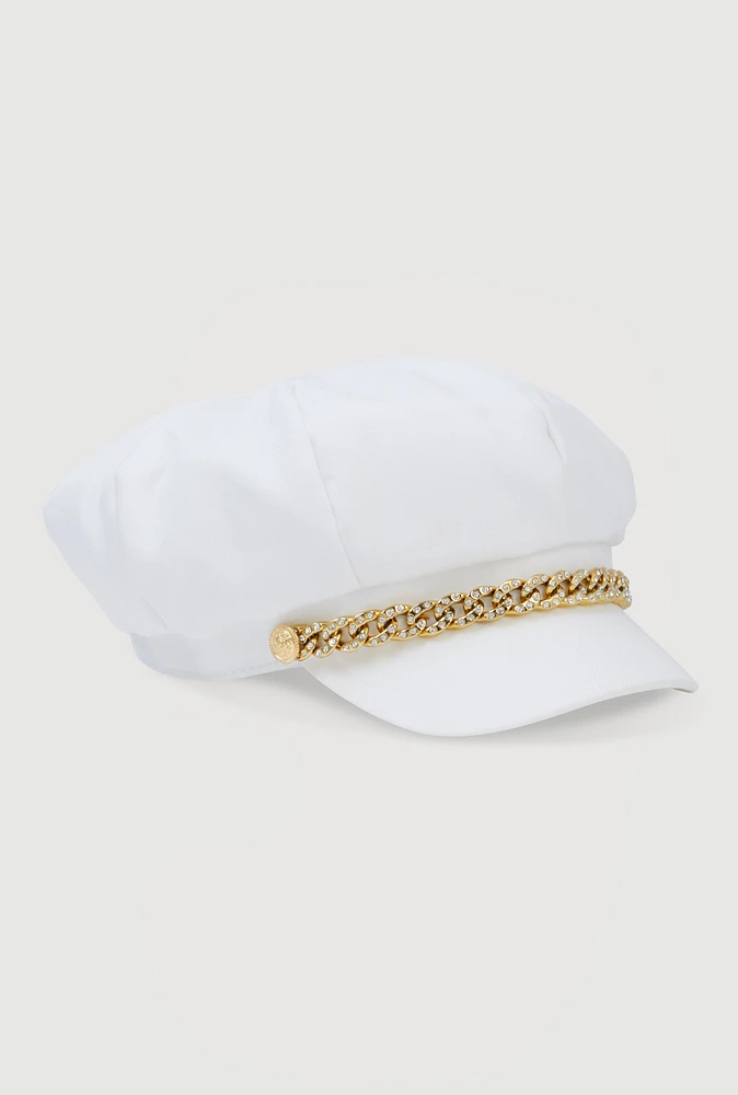 Womens Rhinestone Chain Detail Cabbie Hat, White