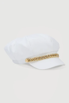 Womens Rhinestone Chain Detail Cabbie Hat, White