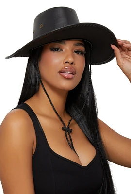 Womens Faux Leather Rope Trim Cowboy Hat, Black