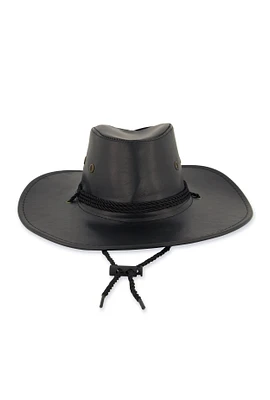 Womens Faux Leather Rope Trim Cowboy Hat, Black