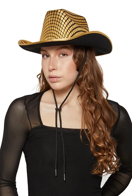 Womens Metallic Patterned Chin Strap Cowboy Hat, Gold