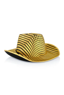 Womens Metallic Patterned Chin Strap Cowboy Hat, Gold