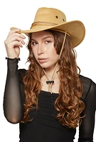 Womens Faux Suede Chin Strap Cowboy Hat, Beige