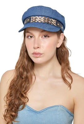 Womens Metallic Rhinestone Detail Cabbie Hat, Blue