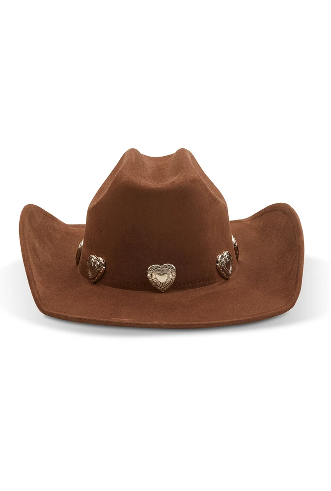 Womens Heart Trim Faux Suede Cowboy Hat, Brown