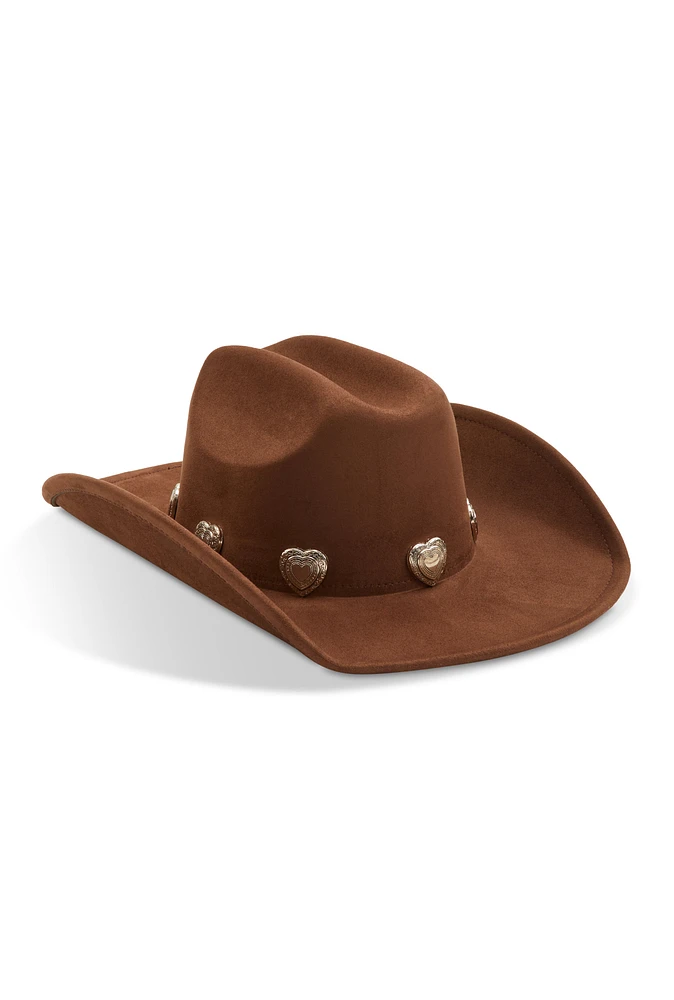 Womens Heart Trim Faux Suede Cowboy Hat, Brown