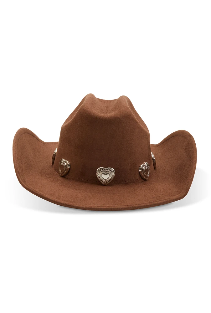 Womens Heart Trim Faux Suede Cowboy Hat, Brown