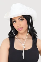 Womens Rhinestone Toggle Drawstring Cowboy Hat, White