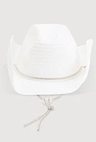Womens Rhinestone Toggle Drawstring Cowboy Hat, White