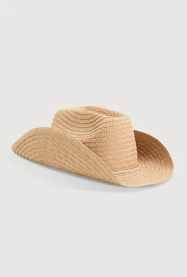Womens Rhinestone Toggle Drawstring Cowboy Hat, Beige