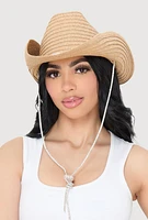 Womens Rhinestone Toggle Drawstring Cowboy Hat, Beige