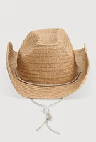Womens Rhinestone Toggle Drawstring Cowboy Hat, Beige