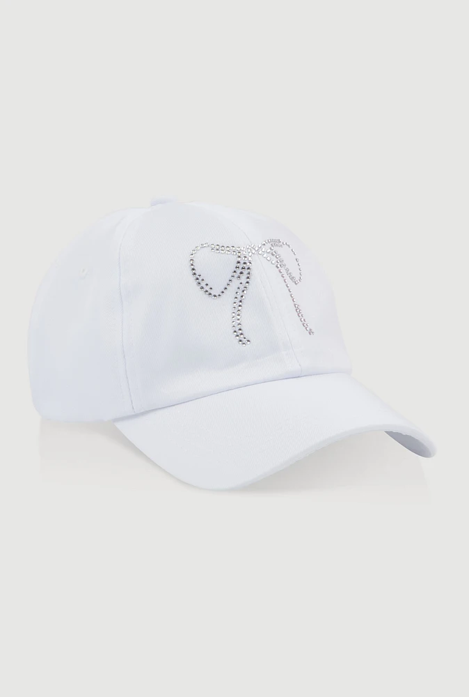 Womens Rhinestone Bow Baseball Cap, White