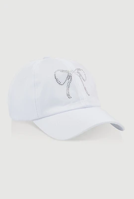 Womens Rhinestone Bow Baseball Cap, White