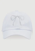 Womens Rhinestone Bow Baseball Cap, White