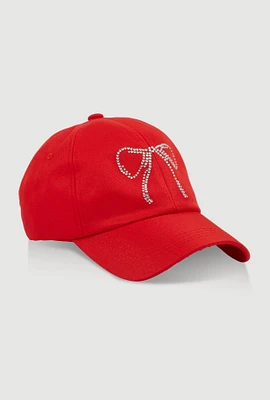 Womens Rhinestone Bow Baseball Cap, Red