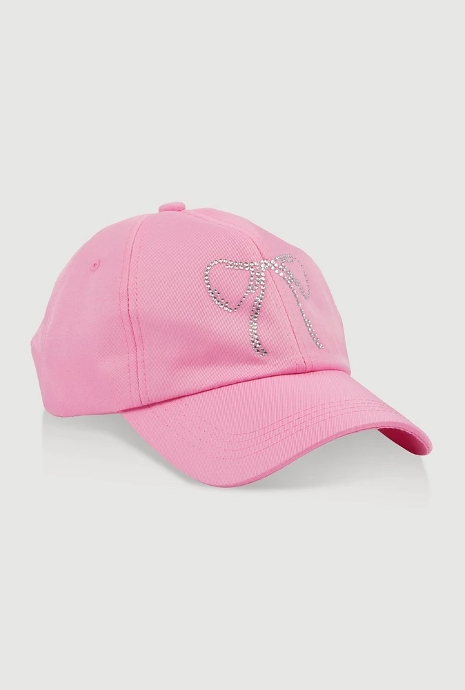 Womens Rhinestone Bow Baseball Cap, Pink