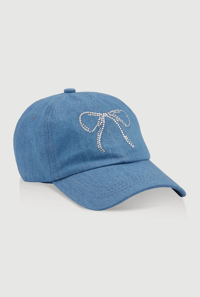 Womens Rhinestone Bow Denim Baseball Cap, Blue