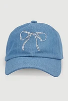 Womens Rhinestone Bow Denim Baseball Cap, Blue