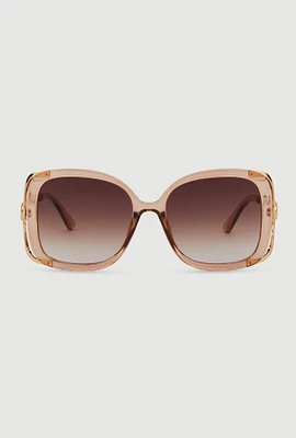 Womens Metallic Detail Gradient Lens Sunglasses, Brown