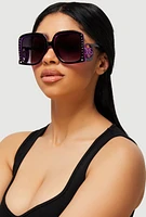 Womens Oversized Rhinestone Detail Ombre Sunglasses, Black