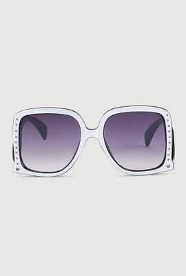 Womens Oversized Rhinestone Detail Ombre Sunglasses, White