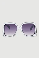 Womens Oversized Rhinestone Detail Ombre Sunglasses, White