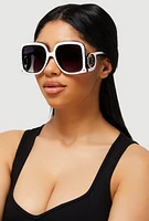 Womens Oversized Rhinestone Detail Ombre Sunglasses, White