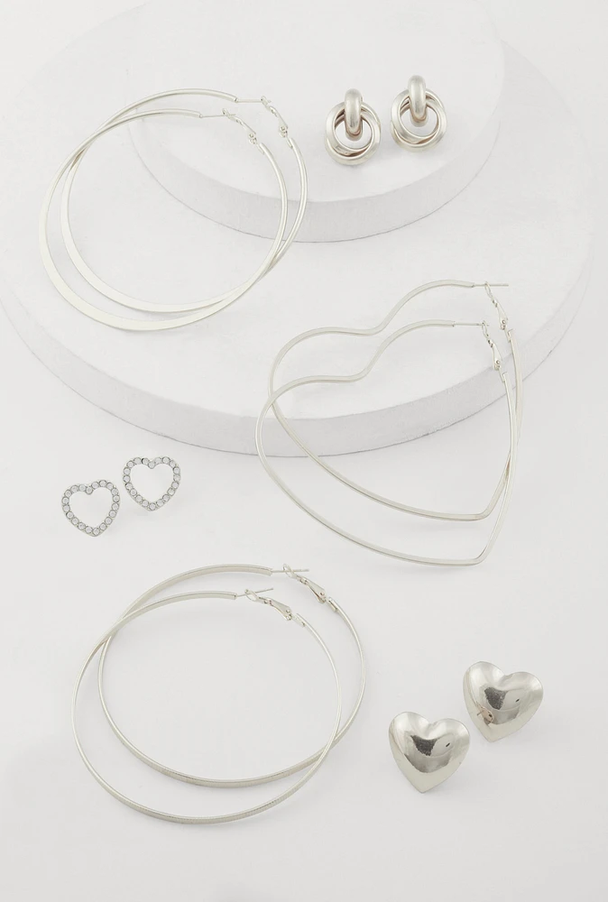Womens Heart Stud and Hoop Earrings Set of 6, Silver