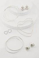 Womens Heart Stud and Hoop Earrings Set of 6, Silver