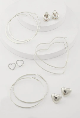 Womens Heart Stud and Hoop Earrings Set of 6, Silver