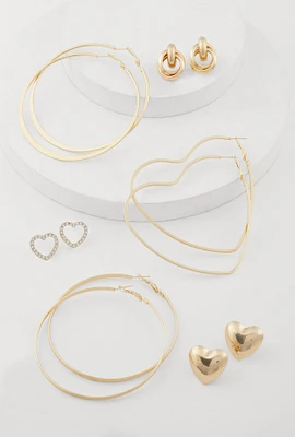 Womens Heart Stud and Hoop Earrings Set of 6, Gold