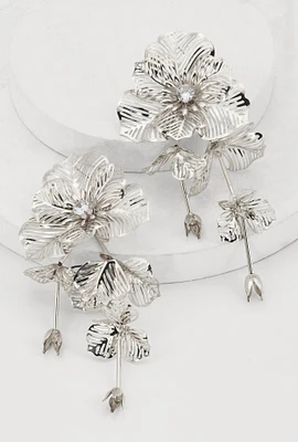 Womens Floral Cubic Zirconia Studded Drop Earrings, Silver