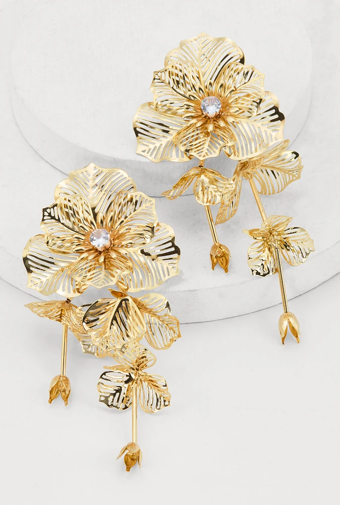 Womens Floral Cubic Zirconia Studded Drop Earrings, Gold