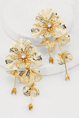 Womens Floral Cubic Zirconia Studded Drop Earrings, Gold