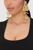 Womens Floral Cubic Zirconia Studded Drop Earrings, Gold