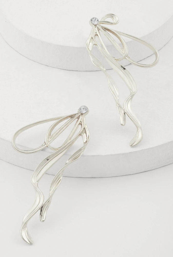 Womens Sculptural Bow Drop Earrings, Silver