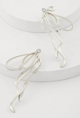 Womens Sculptural Bow Drop Earrings, Silver