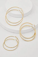 Womens Textured Hoop Earrings Set of 3, Gold