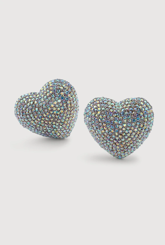 Womens Rhinestone Heart Statement Stud Earrings, Multi