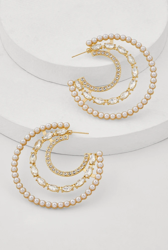 Womens Faux Pearl Rhinestone Crescent Moon Earrings, Gold