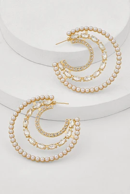 Womens Faux Pearl Rhinestone Crescent Moon Earrings, Gold