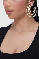 Womens Faux Pearl Rhinestone Crescent Moon Earrings, Gold