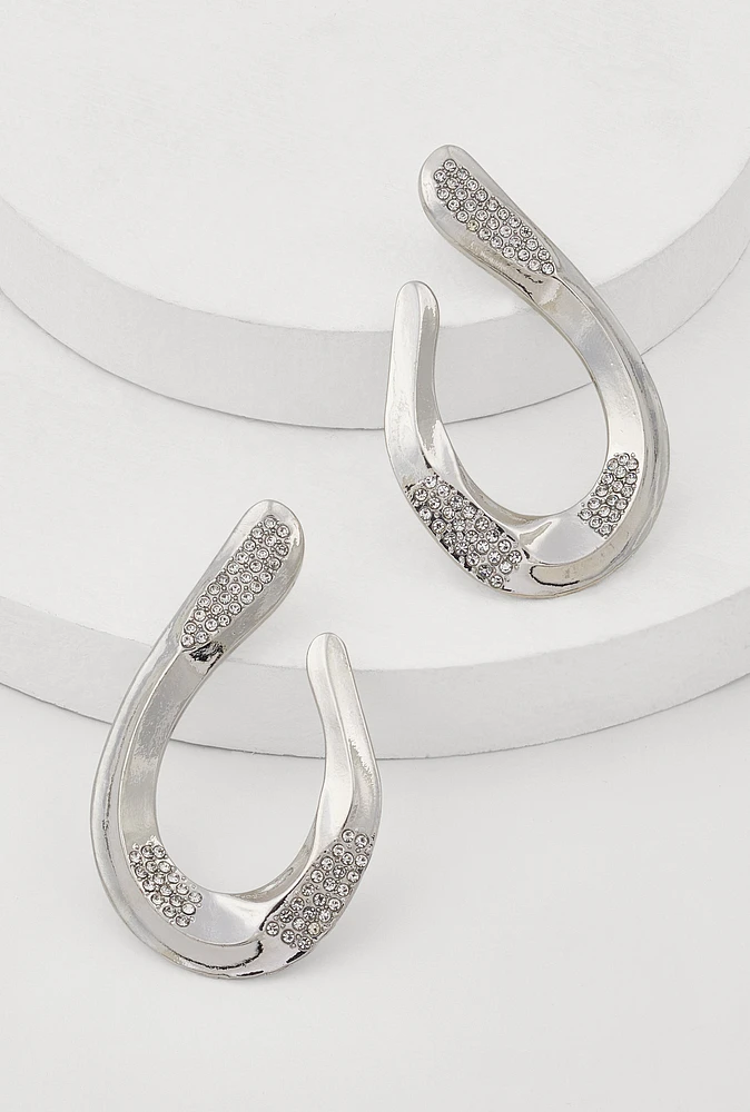Womens Abstract Rhinestone Studded Hoop Earrings, Silver
