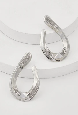 Womens Abstract Rhinestone Studded Hoop Earrings, Silver