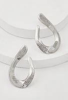 Womens Abstract Rhinestone Studded Hoop Earrings, Silver